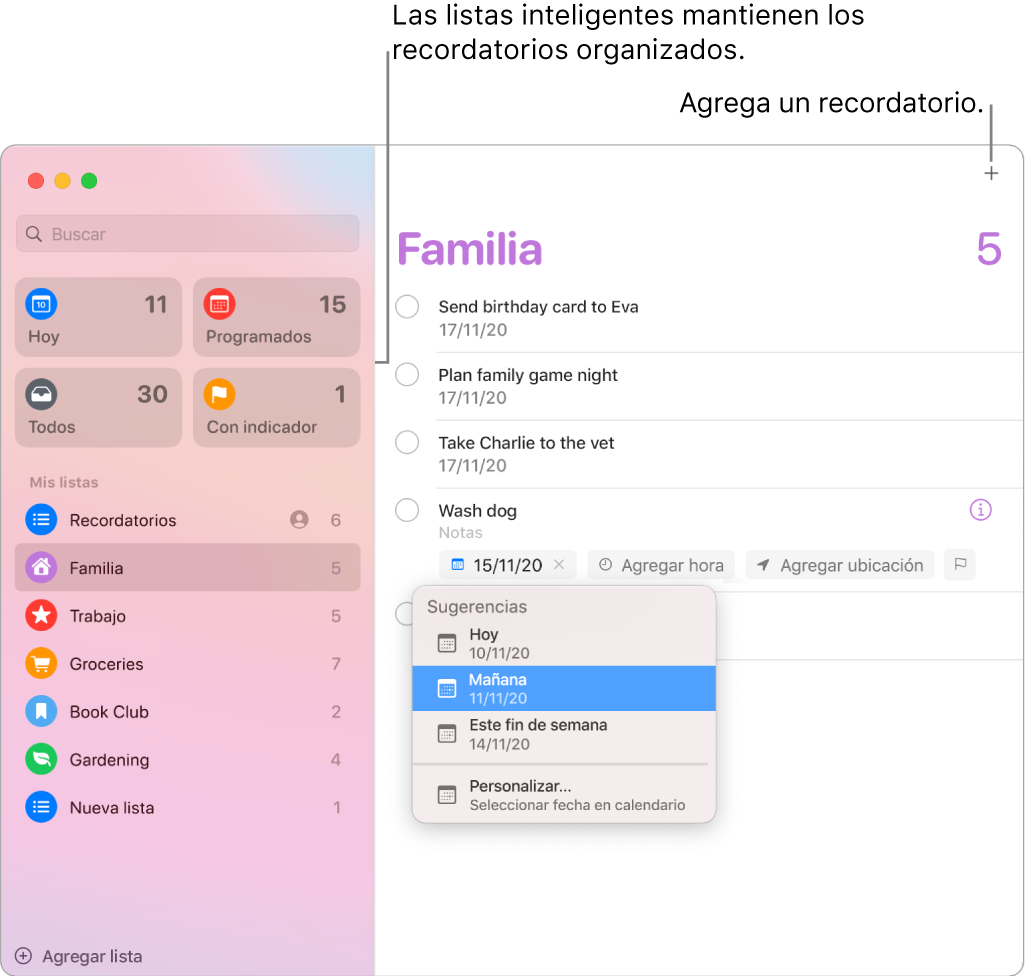 Una ventana de la app Recordatorios con listas inteligentes en el lado izquierdo, y otros recordatorios y listas debajo. El puntero se encuentra en un recordatorio y el menú Sugerencias está abierto con las sugerencias: Hoy, Mañana, Este fin de semana y Personalizado.