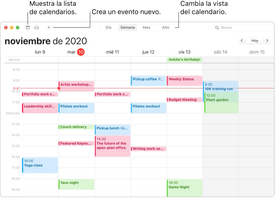 Ventana de Calendario mostrando cómo crear un evento, mostrar la lista de calendarios y seleccionar la vista por días, semanas, meses o años.