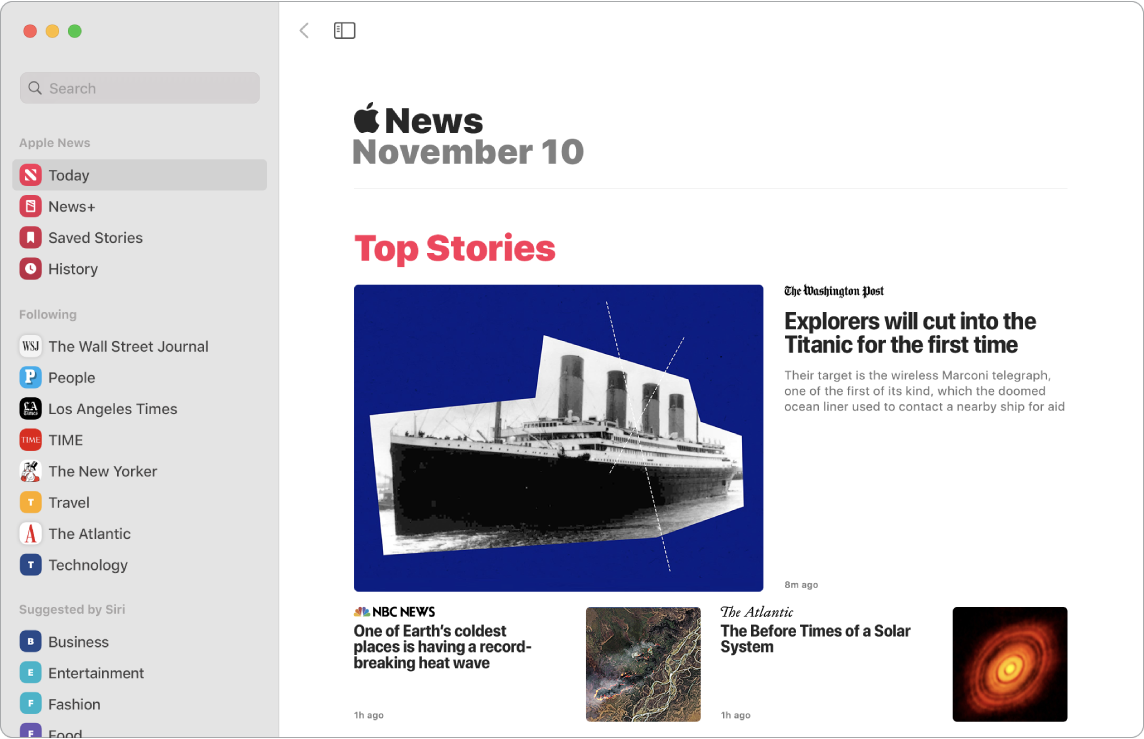 Ventana de la app News mostrando la lista de seguimiento y Top Stories.