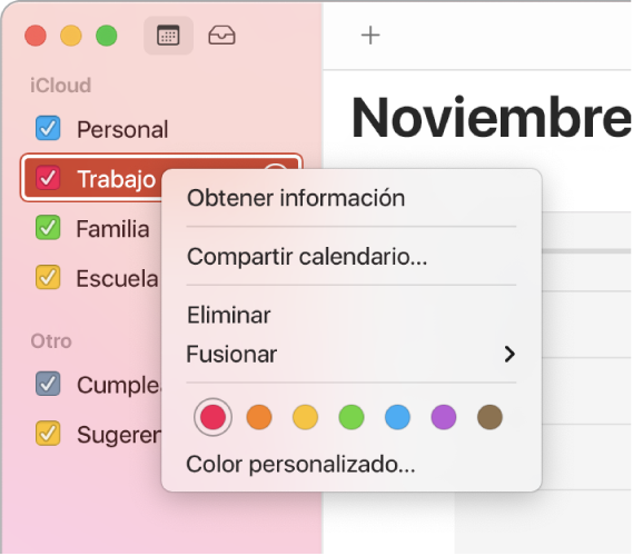 Menú de función rápida de Calendario con opciones para personalizar el color de un calendario.