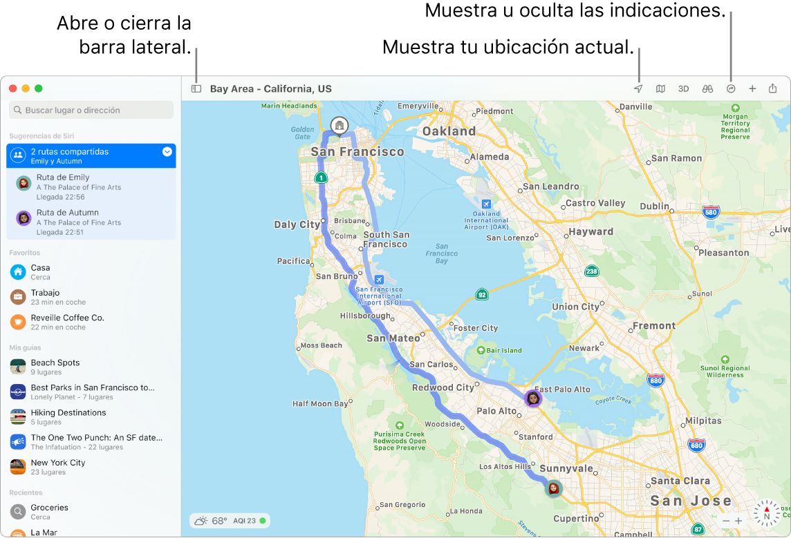 Una ventana de Mapas que muestra cómo obtener rutas haciendo clic en un destino en la barra lateral, cómo abrir o cerrar la barra lateral, y cómo buscar tu ubicación actual en el mapa.