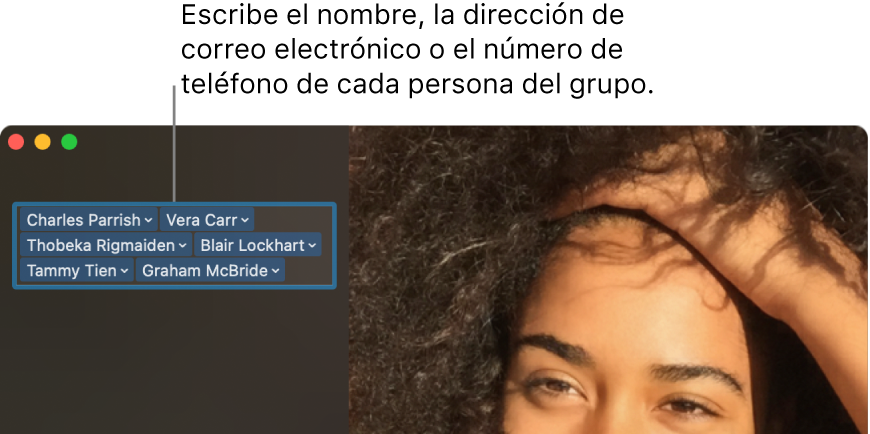 Una ventana de FaceTime donde se muestra cómo realizar una llamada de audio o vídeo, cómo utilizar el campo de búsqueda para introducir o buscar detalles de contacto y cómo ver la lista de llamadas recientes.