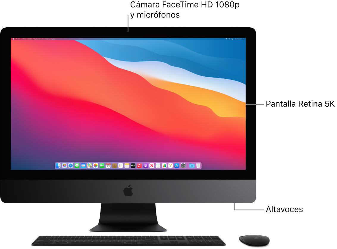 Vista delantera del iMac Pro con la pantalla, la cámara, los micrófonos y los altavoces.