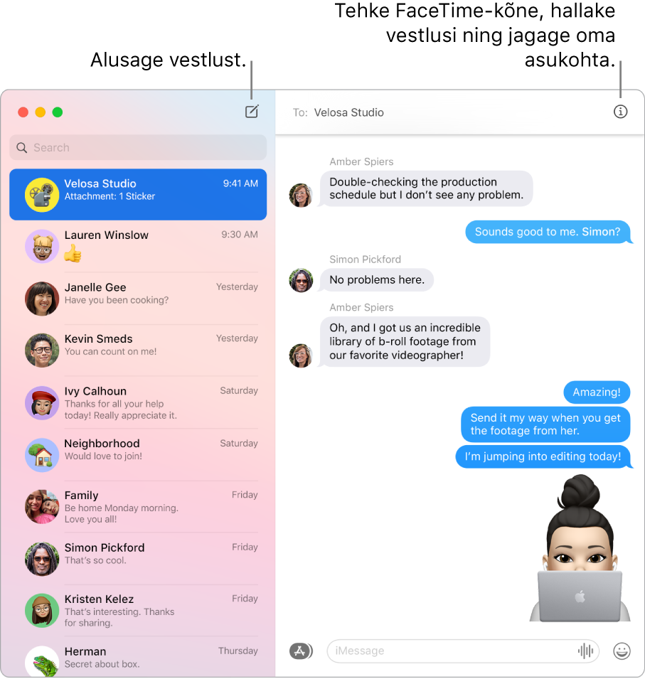 Rakenduse Messages aknas näidatakse kuidas alustada vestlust ning FaceTime'i kõne.