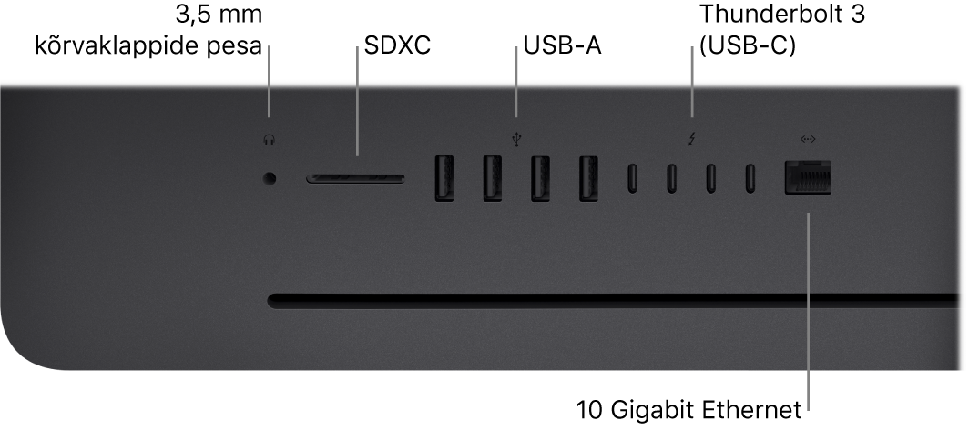 iMac Pro, millel näidatakse 3,5 mm kõrvaklappide pesa, SDXC-pesa, USB-A-porte, Thunderbolt 3 (USB-C) porte ja Etherneti (RJ-45) porti.