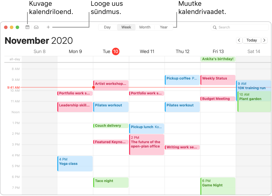 Rakenduse Calendar aknas näidatakse kuidas luua sündmust, kuvada kalendriloend ning valida vaade Day, Week, Month või Year.