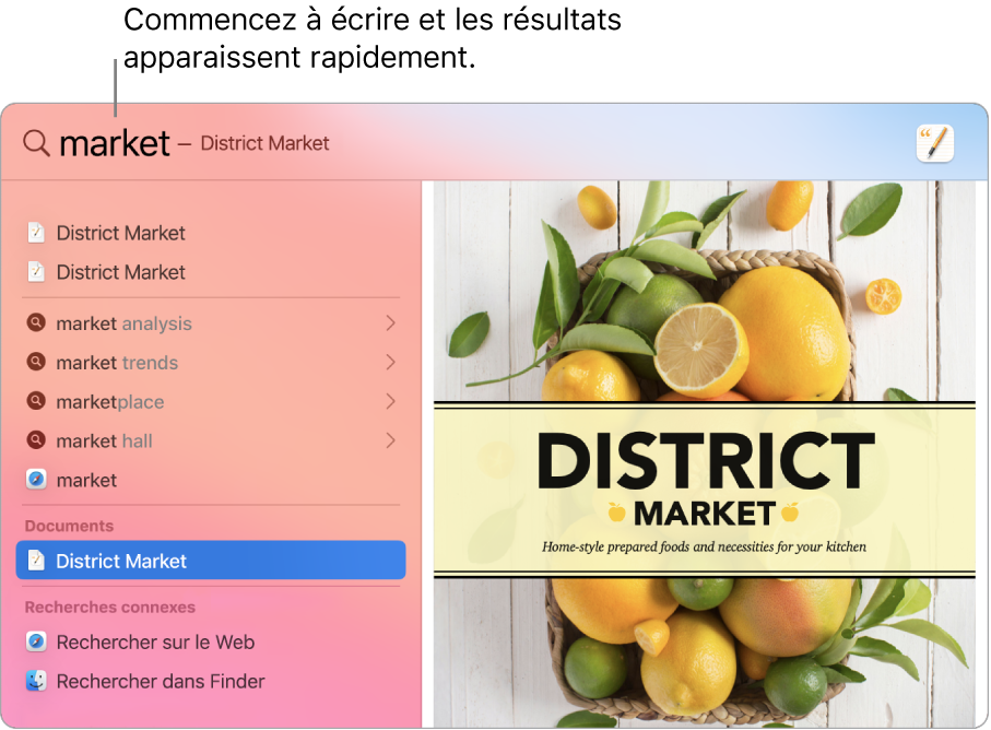Fenêtre de Spotlight affichant des résultats de recherche sur la gauche.
