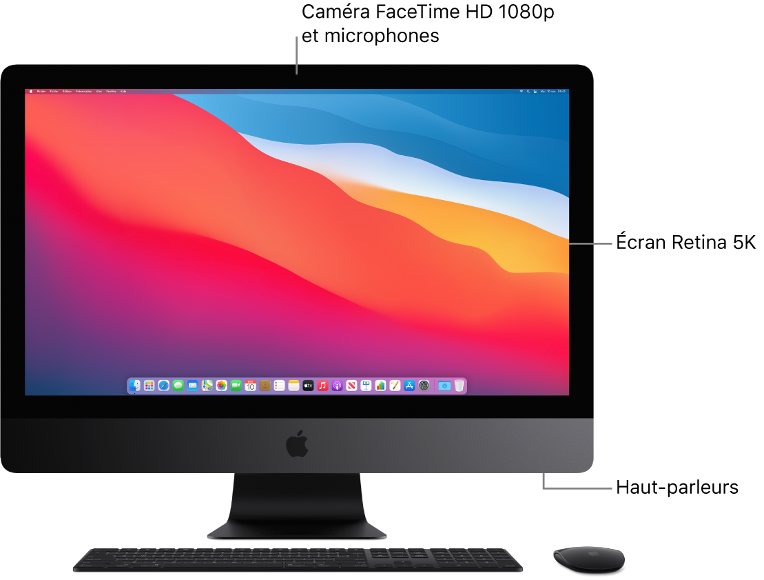 Vue frontale de l’iMac Pro avec l’écran, la caméra, les microphones et les haut-parleurs.