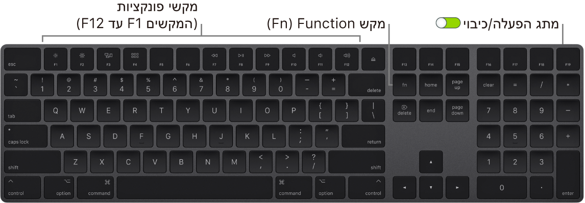 מקלדת Magic Keyboard עם מקש Function ‏(Fn) בפינה השמאלית התחתונה ומתג פעיל/כבוי בקצה הימני העליון.