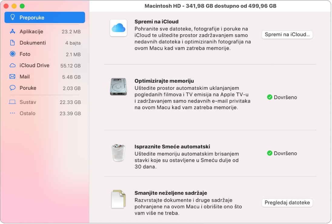 Postavke Preporuka za pohranu prikazuju opcije Spremi na iCloud, Optimiziraj memoriju, Automatski obriši Smeće i Smanji neželjene sadržaje.