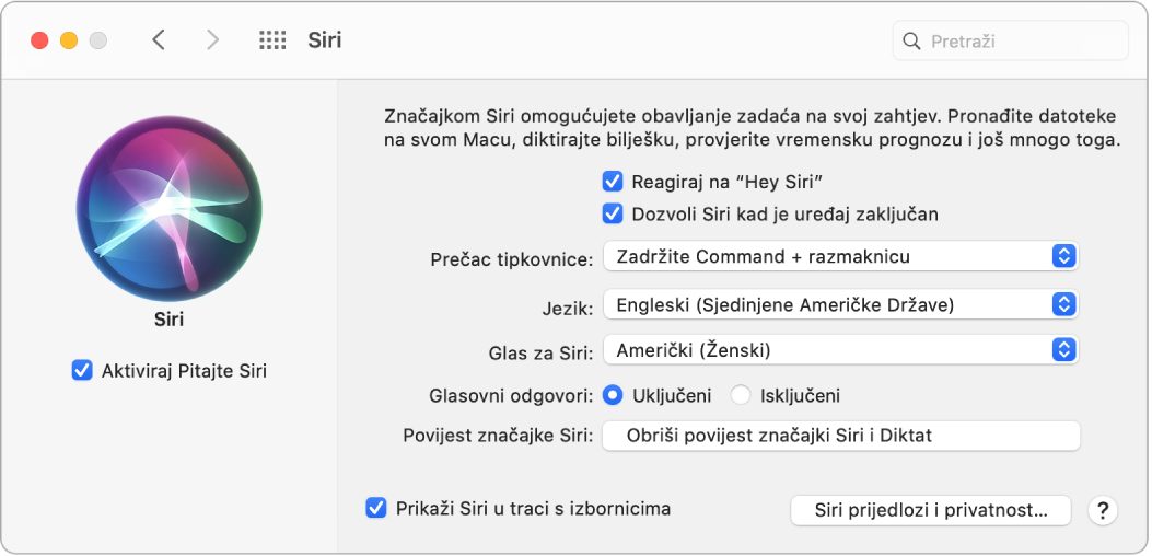 Prozor s postavkama za Siri s odabranom opcijom Aktiviraj Pitajte Siri slijeva i nekoliko opcija za podešavanje Siri zdesna, uključujući “Reagiraj na frazu ‘Hey Siri’.”