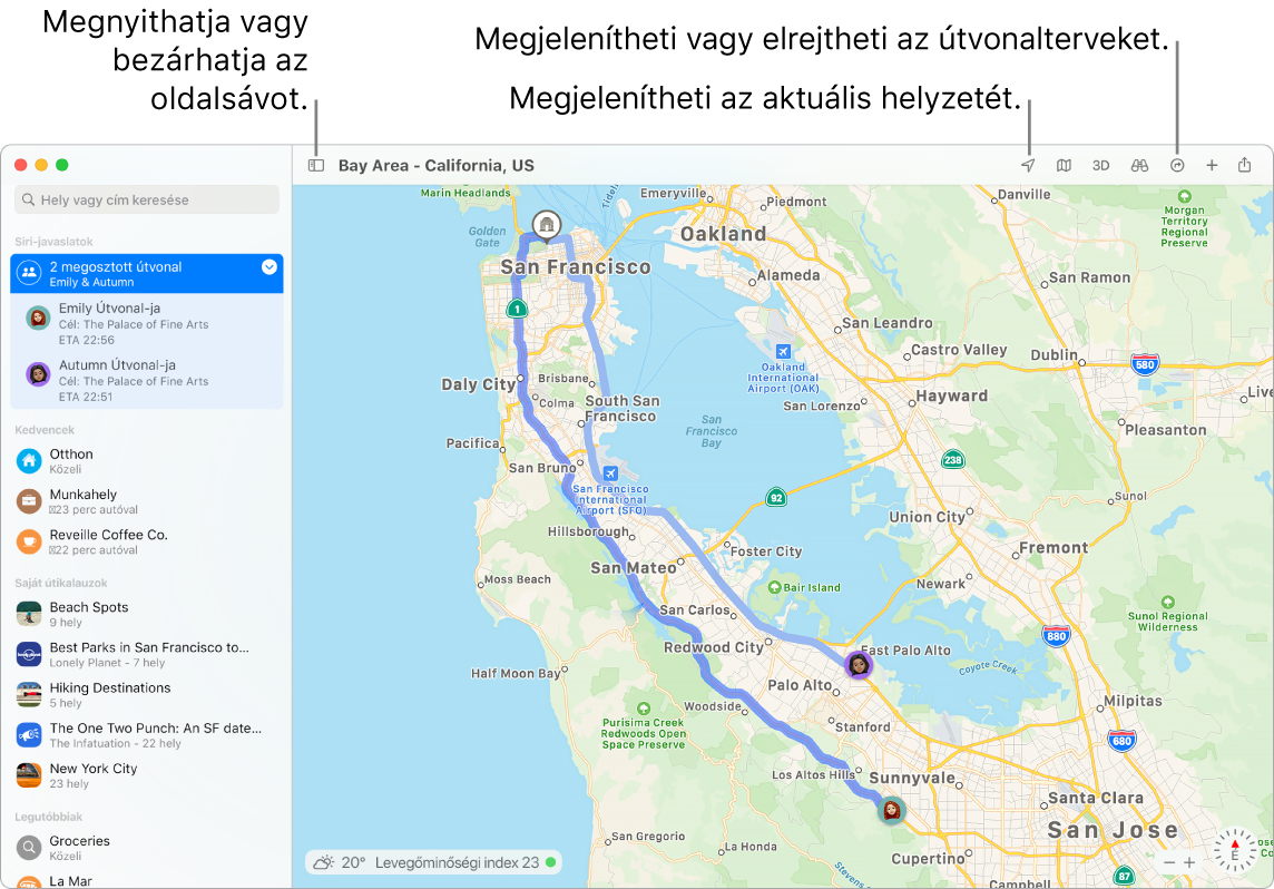 A Térképek ablaka, amely megmutatja, hogyan lehet útvonalterveket beszerezni az oldalsávon található célokra kattintva, hogyan lehet megnyitni vagy becsukni az oldalsávot, valamint hogyan lehet megtalálni az aktuális helyzetet a térképen.