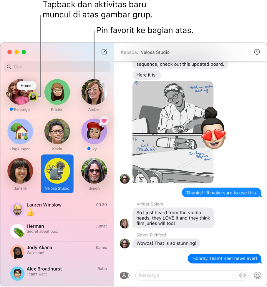 Jendela Pesan dengan obrolan grup yang dipin di bagian atas kolom kiri.