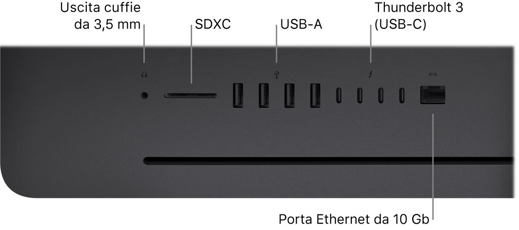 Un iMac Pro, con il jack per le cuffie da 3,5 mm, lo slot SDXC, le porte USB A, le porte Thunderbolt 3 (USB‑C) e la porta Ethernet (RJ-45).