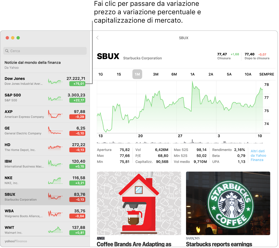 Una schermata di Borsa che mostra le informazioni e gli articoli riguardanti il titolo selezionato.