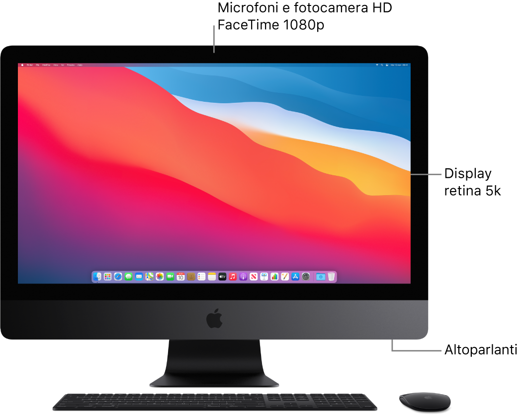 Vista frontale di iMac Pro che mostra il monitor, la fotocamera, i microfoni e gli altoparlanti.