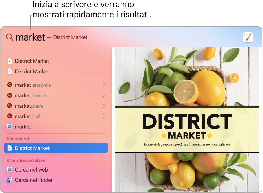 La finestra di Spotlight che mostra i risultati di ricerca a sinistra.