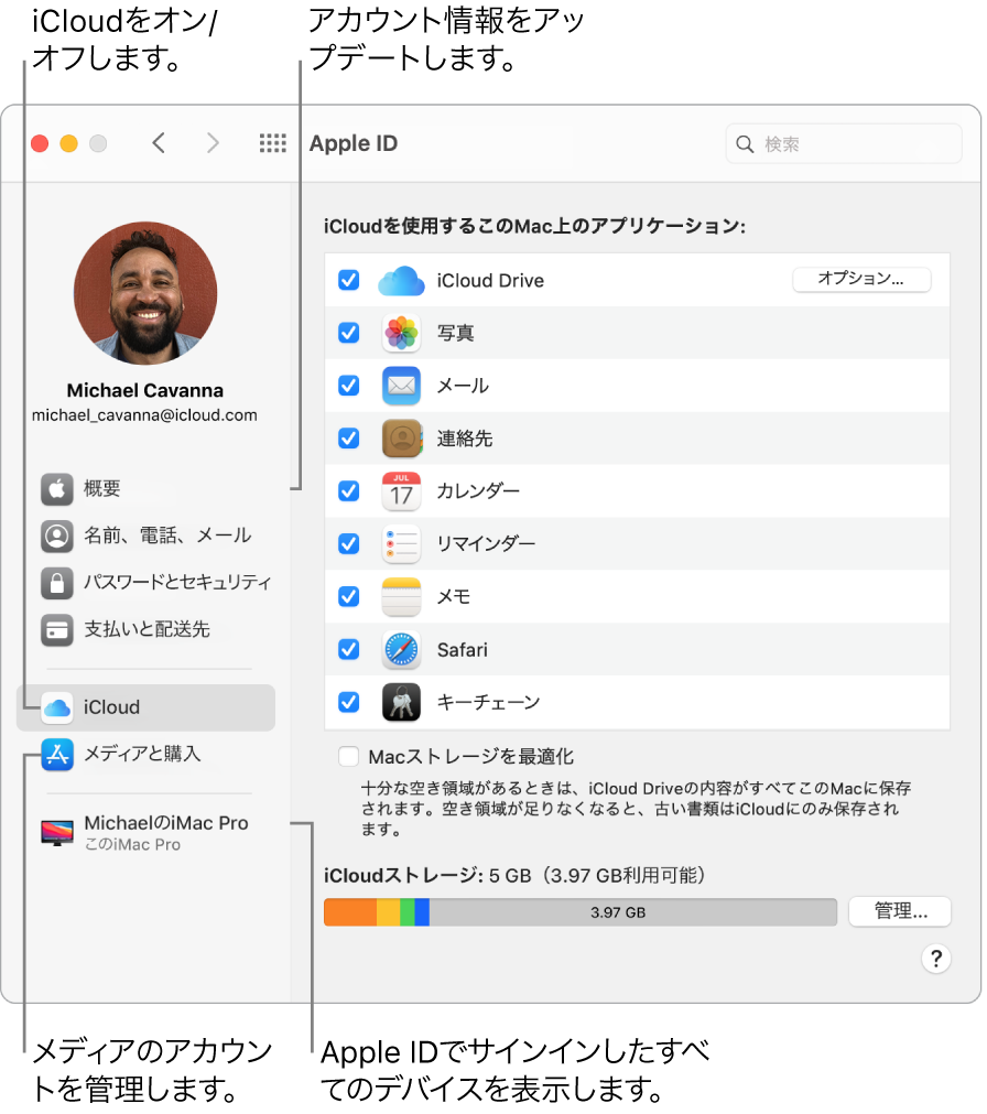 「システム環境設定」の「Apple ID」パネル。サイドバーの項目をクリックして、アカウント情報をアップデートしたり、iCloudのオン/オフを切り替えたり、メディアのアカウントを管理したり、Apple IDでサインインしているすべてのデバイスを確認したりできます。