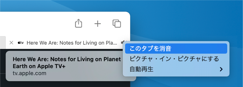 オーディオアイコンのサブメニュー。「このタブを消音」、「ピクチャ・イン・ピクチャにする」、「自動再生」の項目が表示されています。