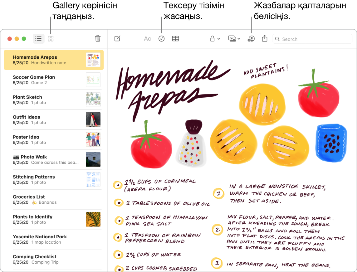 Gallery View, Checklist және Share Folder түймелеріне тілше деректері бар Gallery көрінісіндегі Notes терезесі.