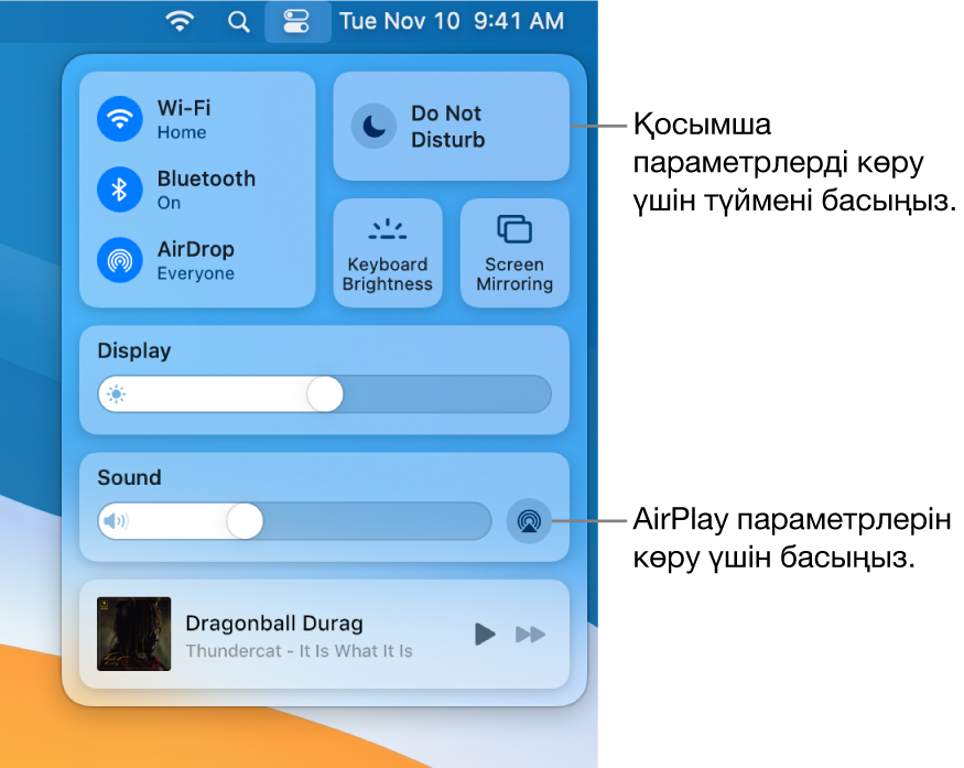 Mac компьютеріңіздегі Control Center терезесінің үлкейтілген көрінісі.