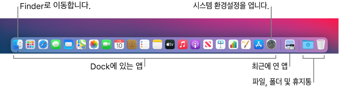 Finder, 시스템 환경설정 및 파일 및 폴더를 앱들과 분리하는 Dock의 줄.