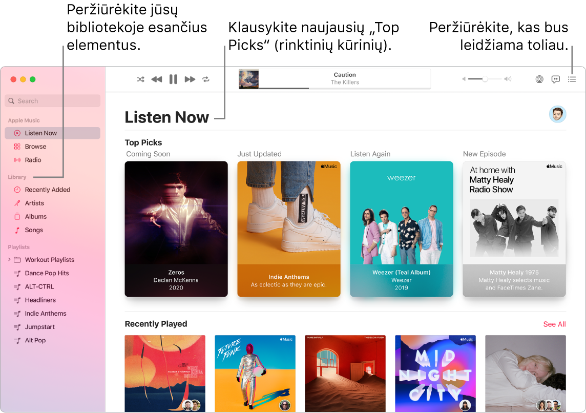 Programos „Music“ langas, kuriame rodoma, kaip peržiūrėti biblioteką, klausytis „Apple Music“ ir peržiūrėti tolesnę dainą.