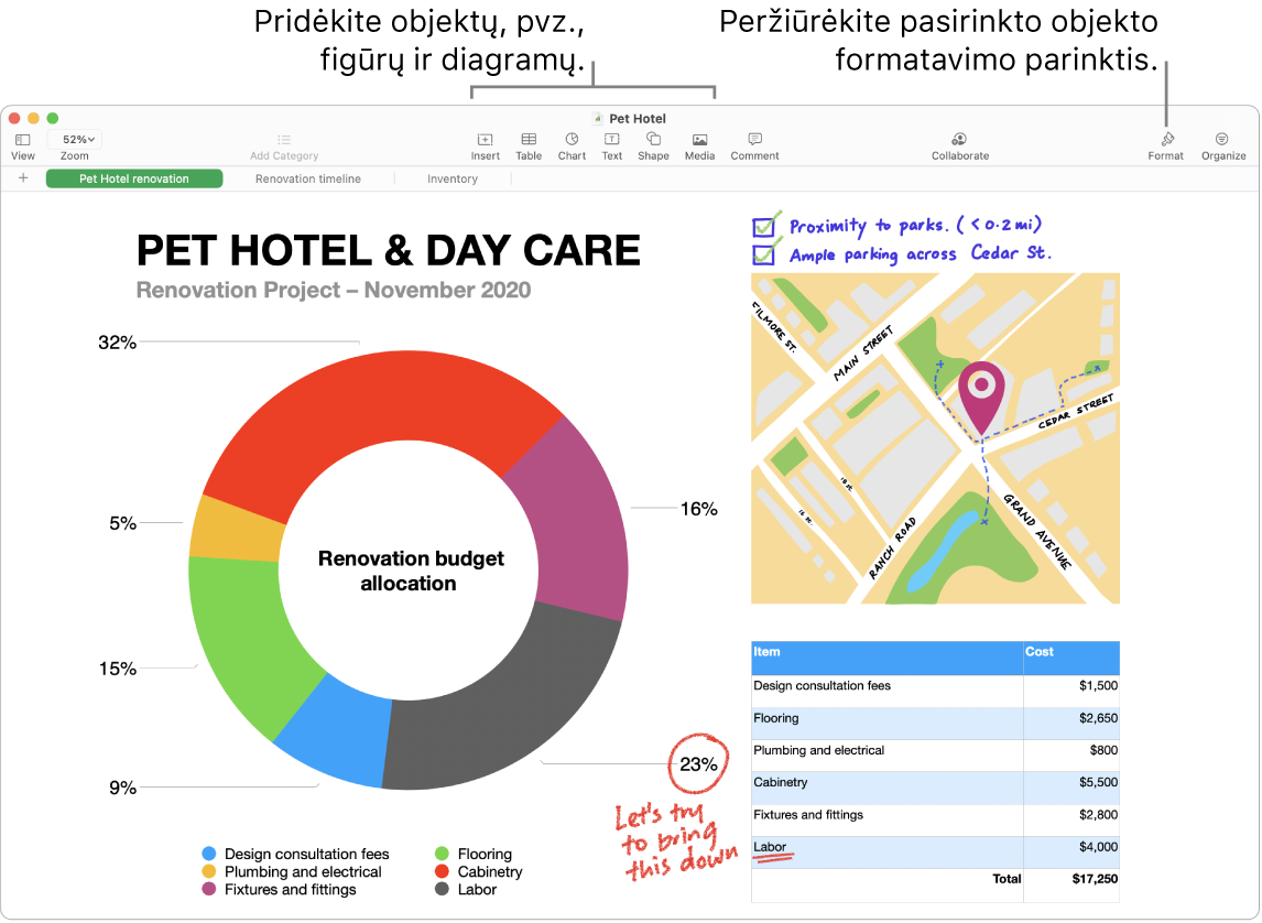 „Numbers“ langas: viršuje matosi įrankių juosta ir jos redagavimo įrankiai, viršuje dešinėje rodomas mygtukas „Collaborate“, o dešinėje yra mygtukai „Format“ ir „Organize“. Šoninė juosta „Format“ atidaryta šalia kortelės „Charts“.