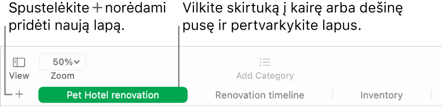 „Numbers“ langas, rodantis, kaip įtraukti naują lapą ir kaip pertvarkyti lapus.