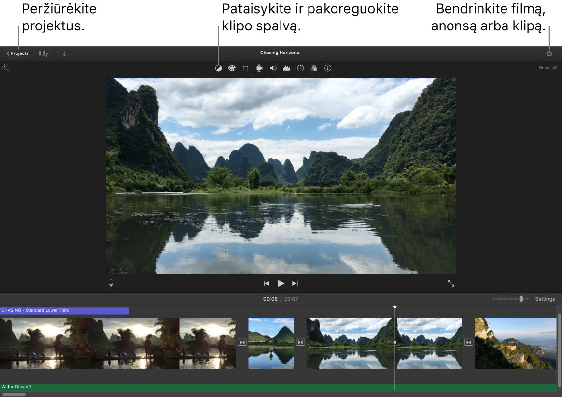 „iMovie“ langas, kuriame rodomi mygtukai, skirti peržiūrėti projektus, koreguoti ir reguliuoti spalvą ir bendrinti filmą arba filmo klipą.