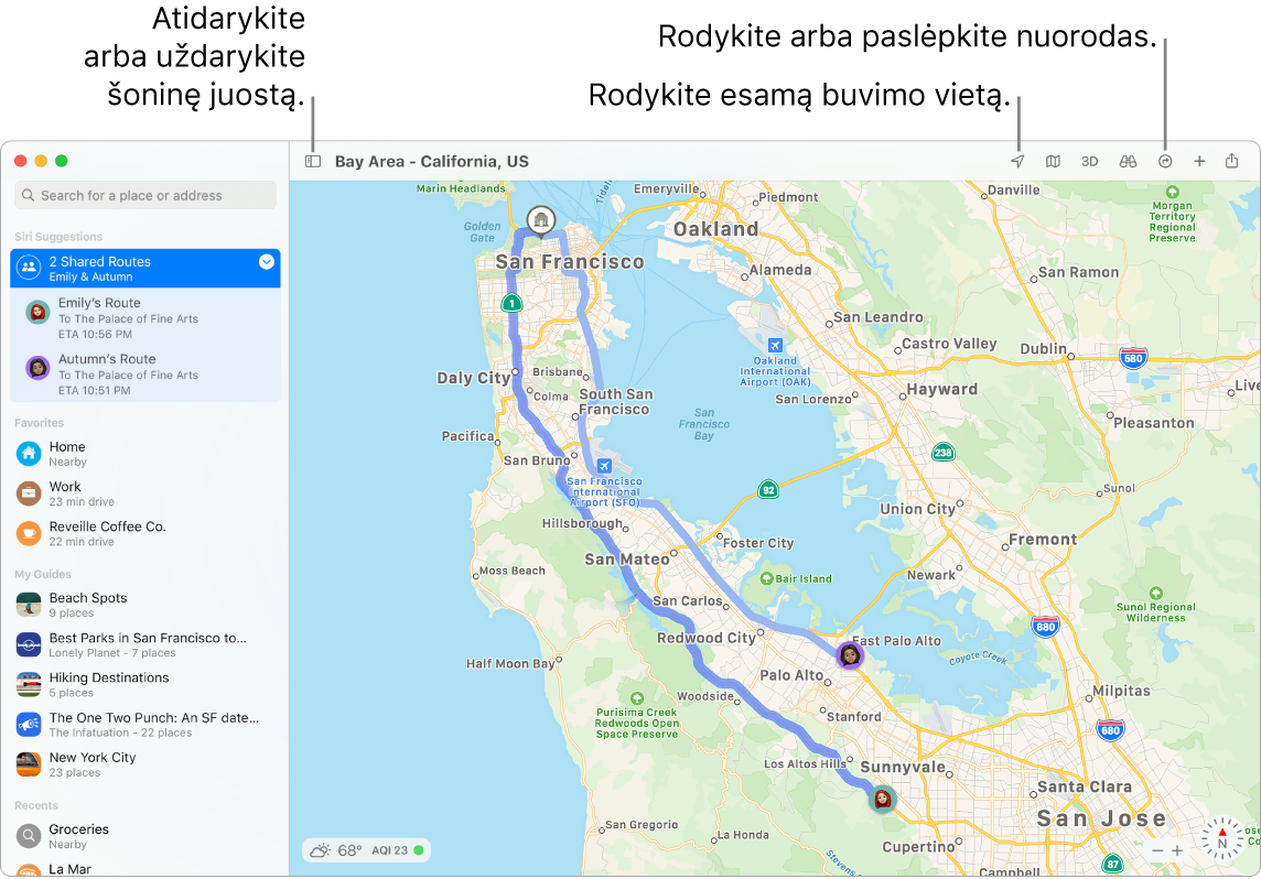 „Maps“ langas, kuriame rodoma, kaip gauti keliavimo nurodymu spustelėjus atvykimo vietą šoninėje juostoje, kaip atidaryti ar uždaryti šoninę juostą ir kaip rasti dabartinę buvimo vietą žemėlapyje.