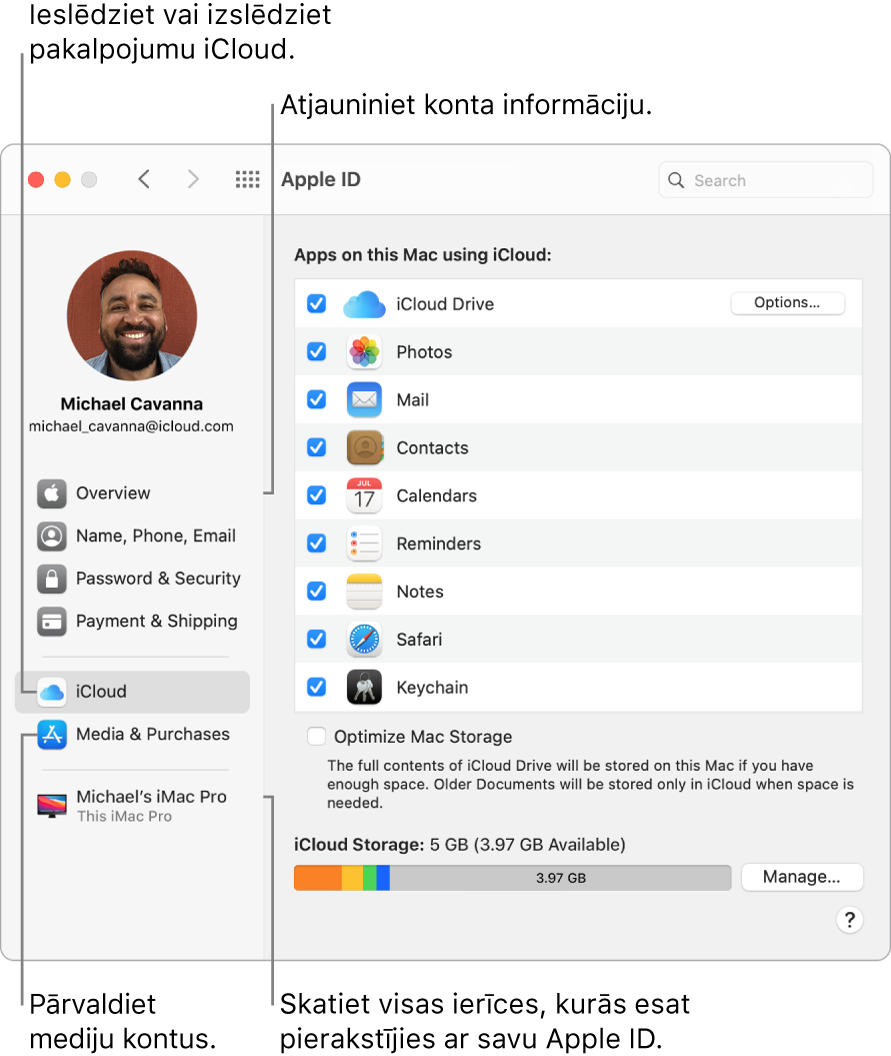 Apple ID rūts izvēlnē System Preferences. Noklikšķiniet uz elementa sānu joslā, lai atjauninātu savu konta informāciju, ieslēgtu vai izslēgtu pakalpojumu iCloud, pārvaldītu mediju kontus un skatītu visas ierīces, kurās esat pierakstījies ar savu Apple ID.