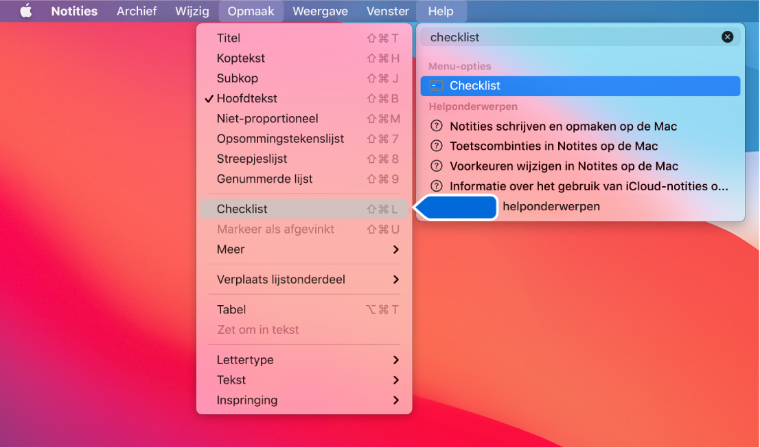 Het Help-menu met een zoekopdracht "lijst" met het commando 'Lijst met opsommingstekens' gemarkeerd in de lijst met resultaten en in het Opmaak-menu.