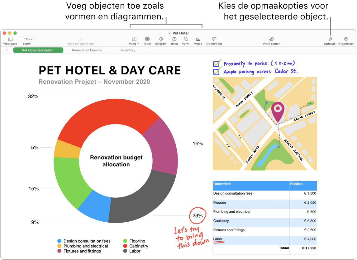 Een Numbers-venster met bovenin de knoppenbalk met bewerkingsfuncties, de knop 'Werk samen' rechtsbovenin en de knoppen 'Opmaak' en 'Organiseer' aan de rechterkant. In de navigatiekolom 'Opmaak' is het tabblad 'Diagram' geopend.