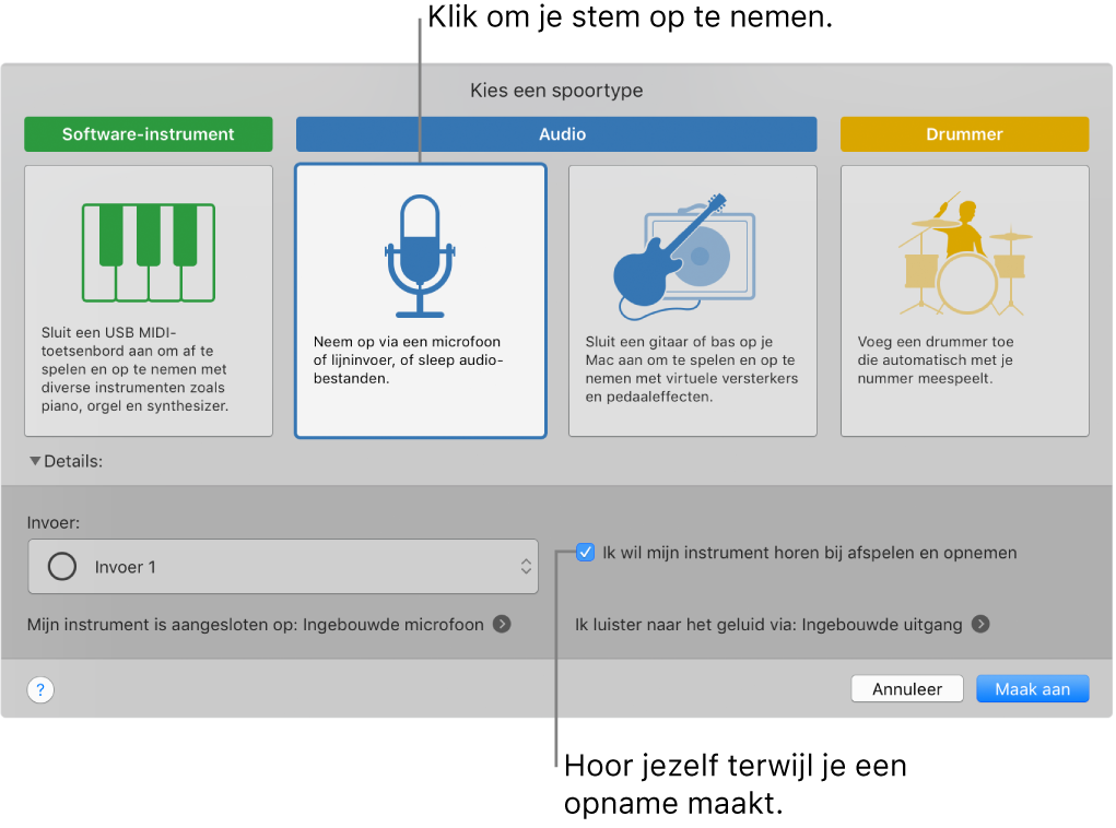 Het paneel met instrumenten van GarageBand waarin je ziet waar je moet klikken om een stem op te nemen en hoe je jezelf kunt horen wanneer je een opname maakt.