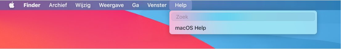 Een gedeelte van een bureaublad waarop het Help-menu is geopend, met de opties 'Zoek' en 'macOS Help'.