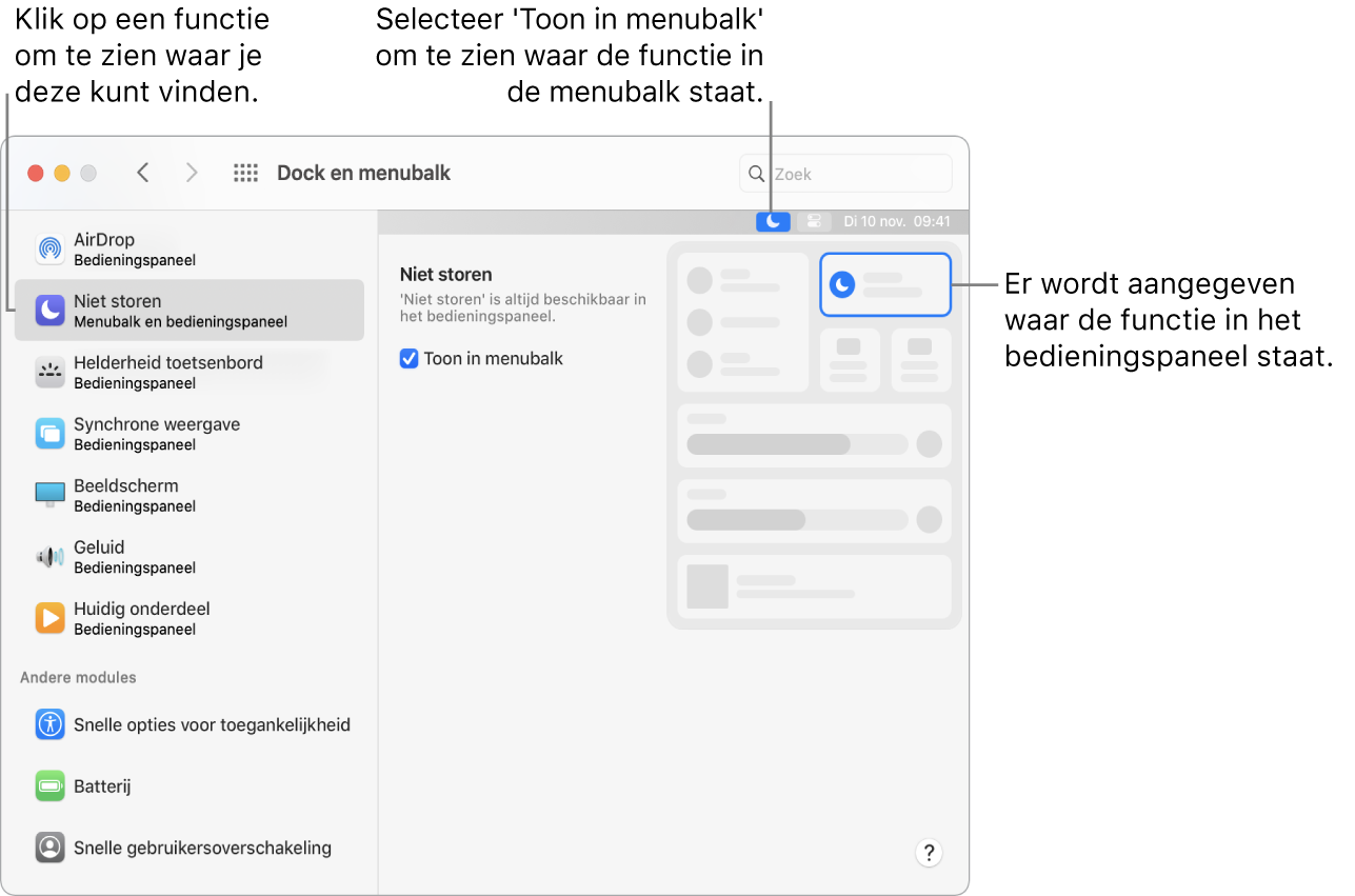 Het paneel 'Dock en menubalk' in Systeemvoorkeuren.