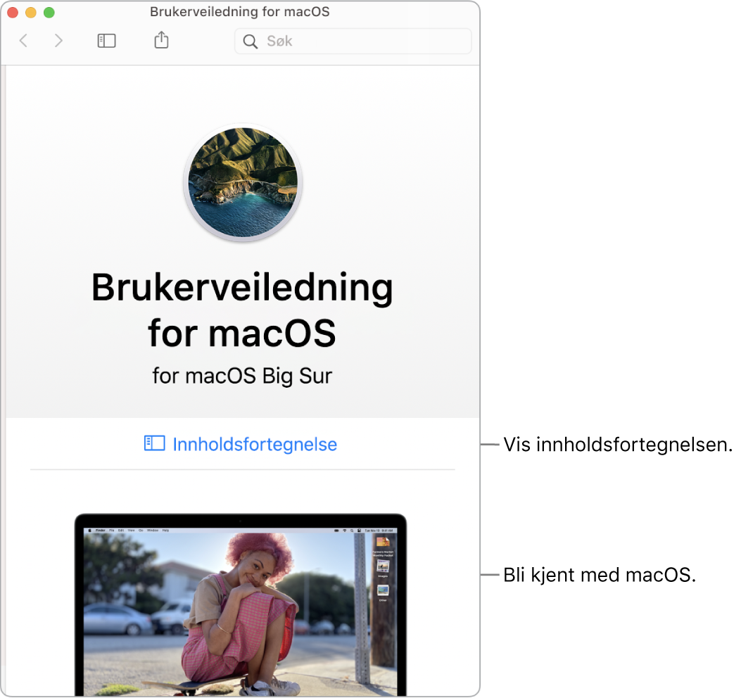 Velkomstsiden i Brukerveiledning for macOS som viser Innholdsfortegnelse-lenken.