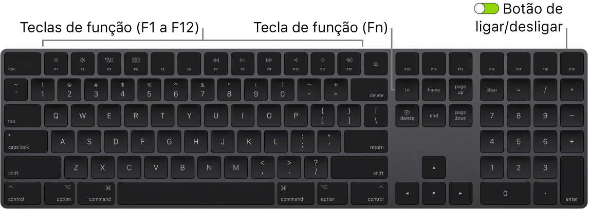 Magic Keyboard a mostrar a tecla de função (Fn) no canto inferior esquerdo e o botão de ligar/desligar no canto superior direito do teclado.