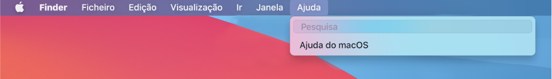 Parte da secretária visível, com o menu Ajuda aberto, a mostrar as opções de menu para Pesquisa e Ajuda do macOS.