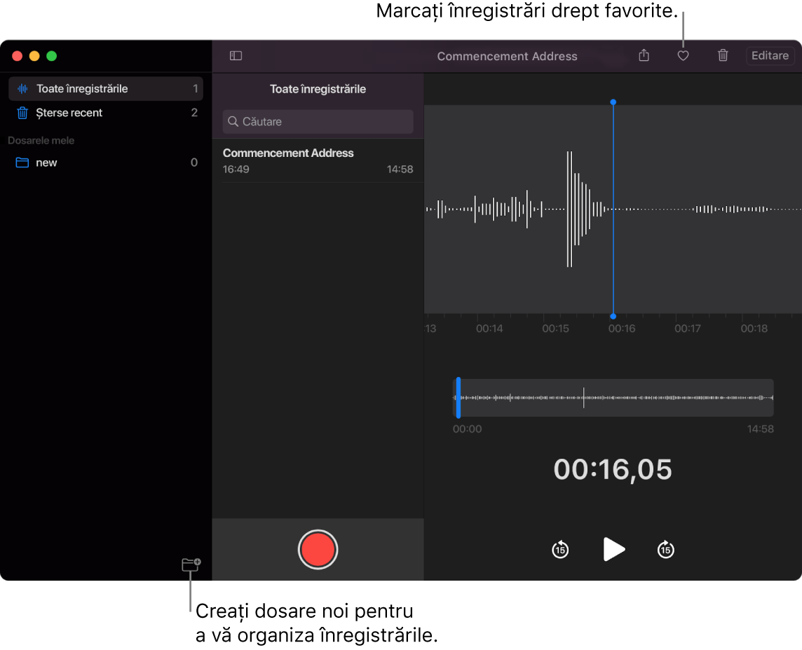 Fereastra Reportofon prezentând modalitatea de a crea dosare noi sau de a marca o înregistrare ca favorită.