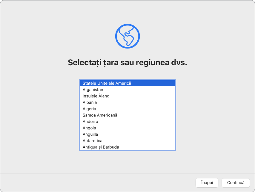 Ecran Mac cu aplicația Asistent de configurare afișând ecranul Bun venit.