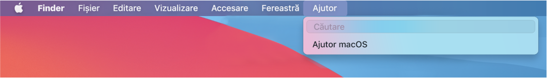 O parte din desktop cu meniul Ajutor deschis, afișând opțiunile de meniu pentru Căutare și Ajutor macOS.
