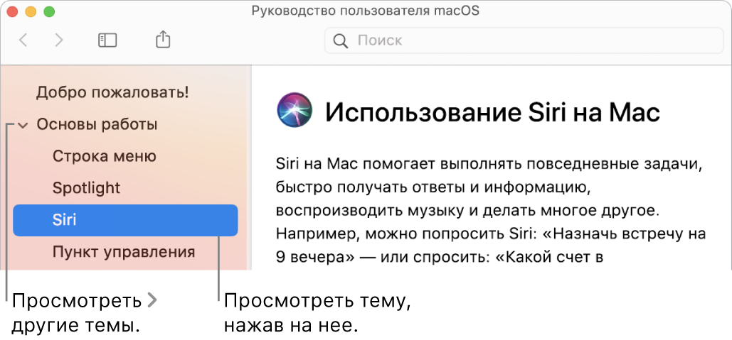 Окно просмотра Справки. В нем показано, как просматривать список статей на боковой панели и отображать содержимое статьи.