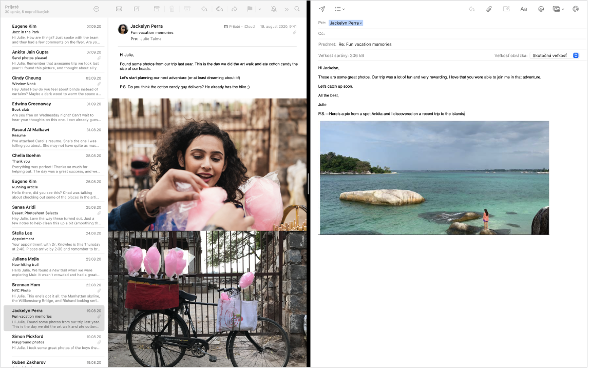 Okno aplikácie Mail na rozdelenej obrazovke, v ktorom sa zobrazujú dve správy vedľa seba.