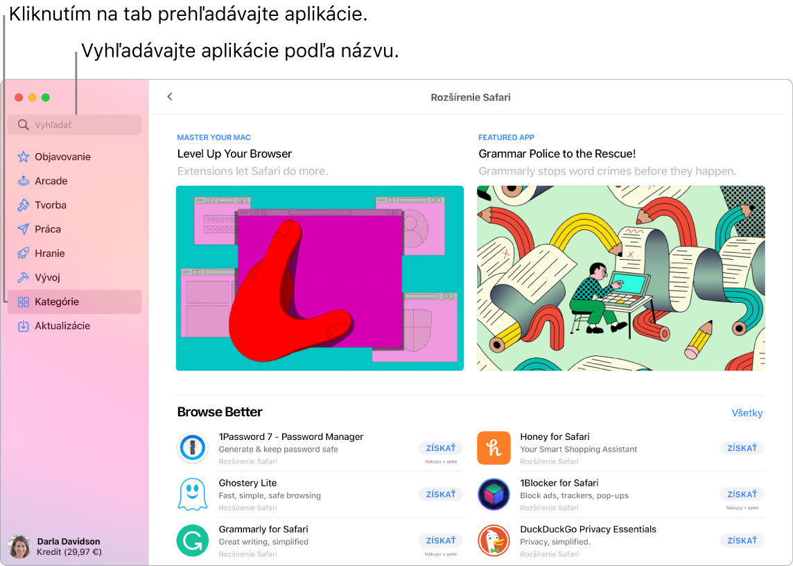 Okno App Storu zobrazujúce vyhľadávacie pole a stránku Rozšírenia Safari.