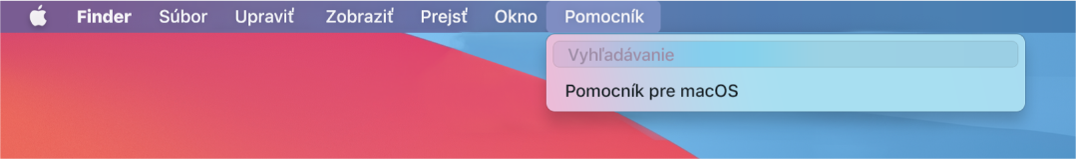 Časť plochy s otvoreným menu Pomocník zobrazujúca možnosti Vyhľadať a Pomocník pre macOS.