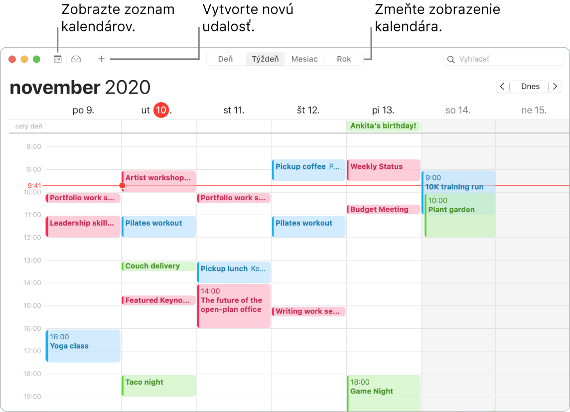 Okno aplikácie Kalendár zobrazujúce, ako vytvoriť udalosť, zobraziť zoznam kalendára a vybrať zobrazenie Deň, Týždeň, Mesiac a Rok.