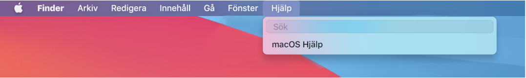 En del av skrivbordet med en öppen Hjälp-meny som visar menyalternativ för sökning och macOS Hjälp.