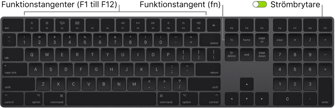 Magic Keyboard med funktionstangenten (fn) i det nedre vänstra hörnet och strömbrytaren i det övre högra hörnet av tangentbordet.